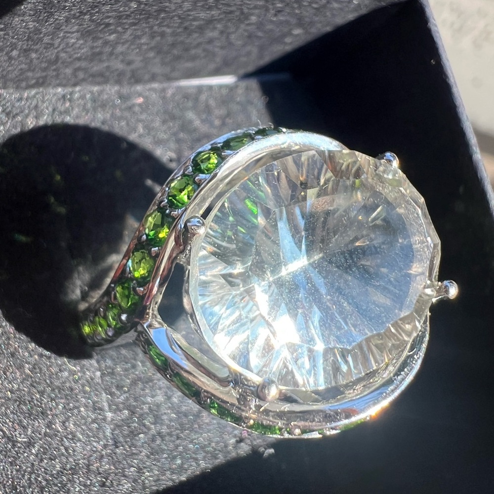 Prasiolite and Chrome Dioptase size 7 sterling silver ring
